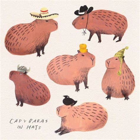 Capybaras In Hats Capybara Cute Art Artwork