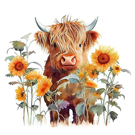 Watercolor Highland Cow Surrounded By Sunflowers And Spring Flower