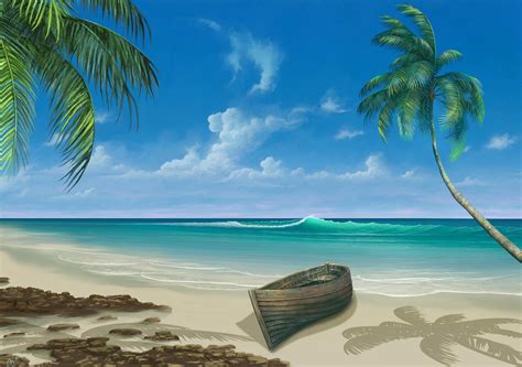 Wallpaper Palm Tree Boat Ocean Surf Art Hd Widescreen High