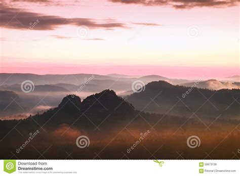 Tourist Resort In Saxony Fantastic Dreamy Sunrise On The Top Of The
