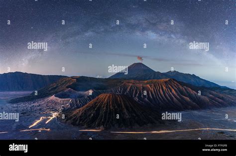 Mount Bromo Volcanic At Night With Starry Sky And Milky Way In