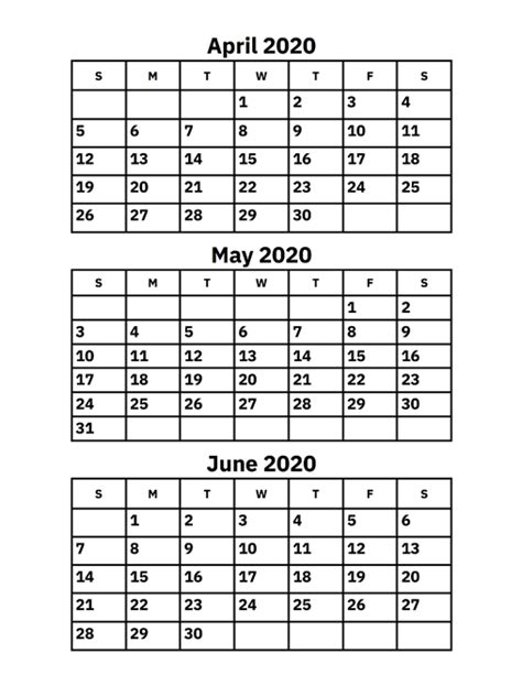 April May June 2020 Calendar 3 Months Printable Template