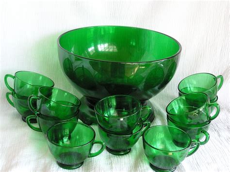 vintage forest green glass anchor hocking punch bowl 12 cups stand complete set green glass