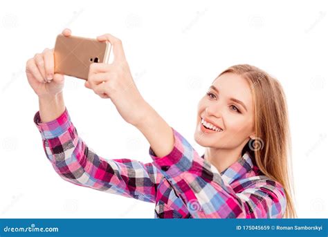 Happy Smiling Woman Taking Selfie Photo On Smartphone Stock Image