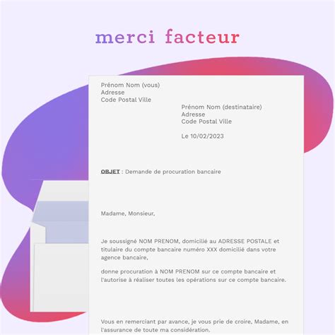 Lettre de procuration bancaire  Modèle Gratuit avec Merci Facteur