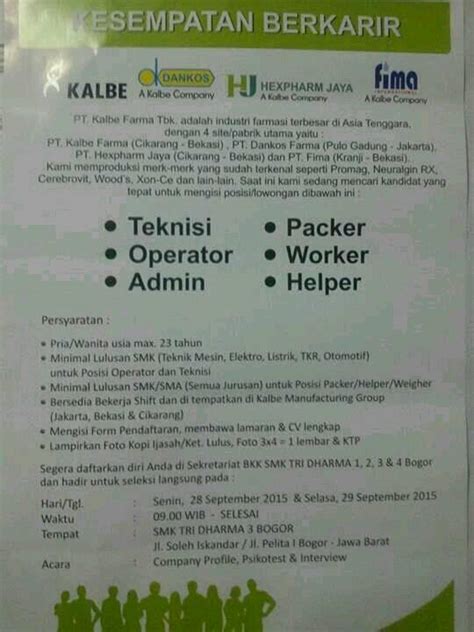 Lowongan teknisi, helper dan supir b1. Kesempatan Berkarir Untuk Lulusan SMK Tri Dharma 1, 2, 3 ...