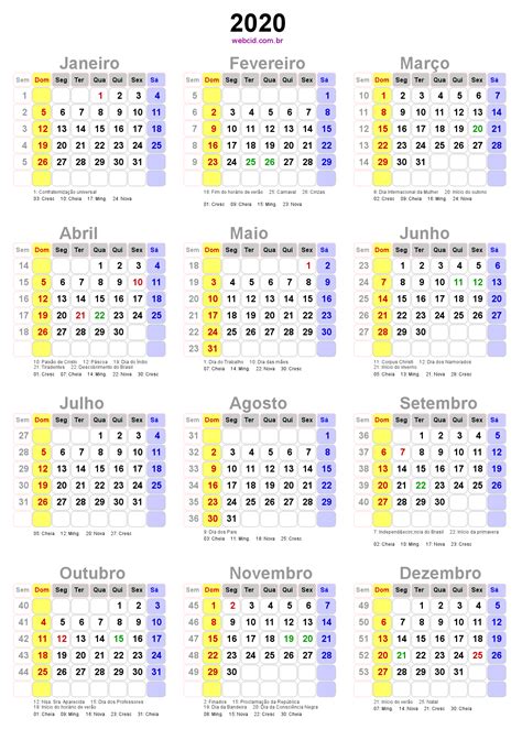 Calendário 2020 Com Feriados Nacionais E Fases Da Lua Brasil Png