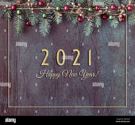 Happy New Year 2021 Text Christmas Background With Fir Twigs Red And