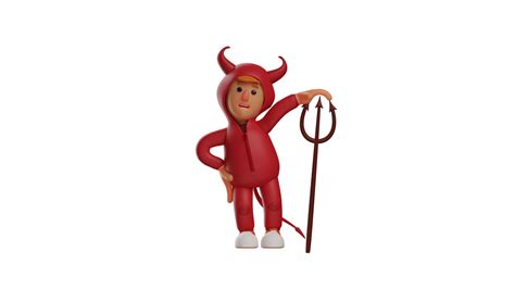 3d Illustration Cute Devil 3d Cartoon Character The Devil Stood Up And Leaned On His Trident