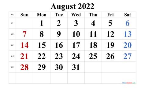 Free Printable August 2022 Calendar Pdf And Png