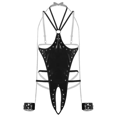 Pvc Leather Sexy Lingerie Crotchless Thong Leotard Halter Neck Bare Exposed Breasts Sex Teddy
