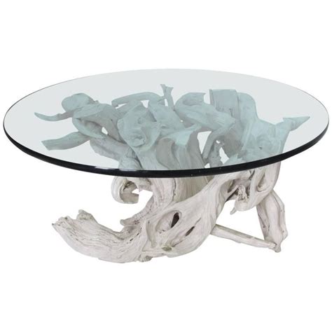 Natural, unfinished teak driftwood sculpted into a sturdy table with a clear glass top. Large Sculptural Driftwood with White Gesso Coffee Table ...