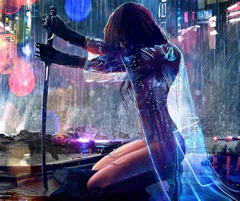 Hd Wallpaper Artwork Cyberpunk Cyberpunk 2077 Rain Sword Warrior