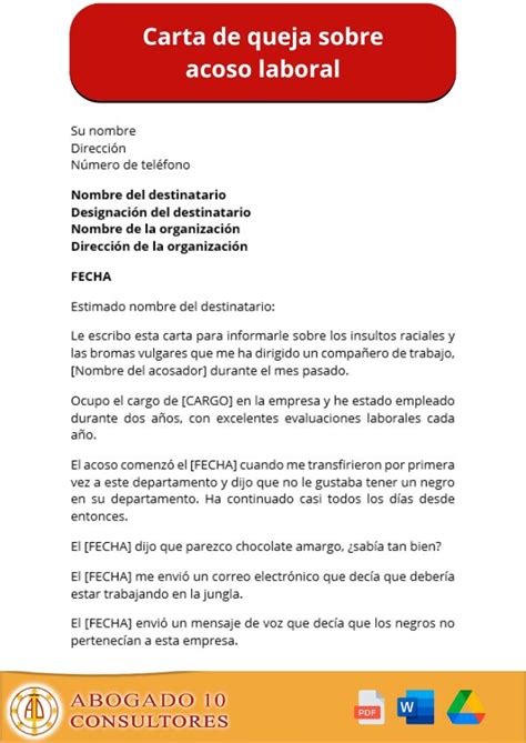 Redacción de una carta de queja sobre acoso laboral  Formato de ejemplo