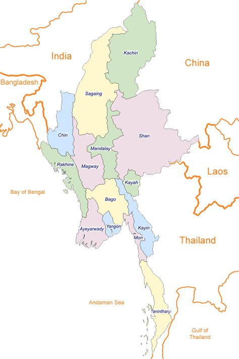 Para o novo nome, myanmar, aportuguesado a mianmá ou mianmar, os dicionários aurélio, houaiss e priberam e os vocabulários da porto editora e da academia brasileira de letras trazem o gentílico mianmarense. Myanmar Map