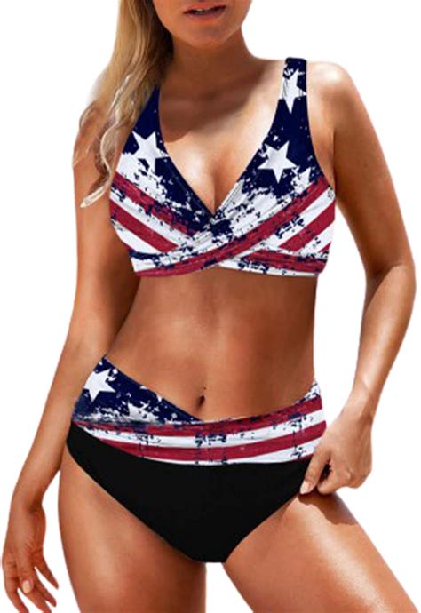 Amazon Com Womens 2 Piece Bikini Set Criss Cross American Flag Print