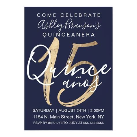 Girly Simple Navy Blue Gold Foil Quinceañera Invitation Quinceanera