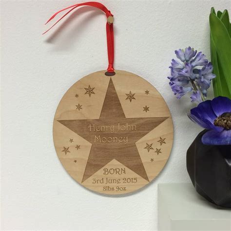 Personalised Birth Announcement Wooden Star Decoration By Hickory