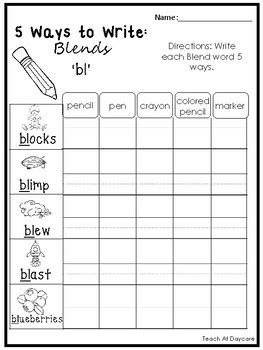 Grade 1 worksheets | blends chart. 5 Ways to Write Blends Worksheets. 20 pages. Kindergarten-1st Grade ELA.