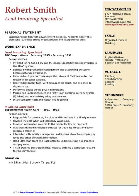Invoicing Specialist Resume Samples Qwikresume