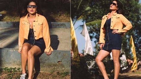 Sunny Leone Amps Hotness Quotient In Denim Zipper Mini Neon Orange