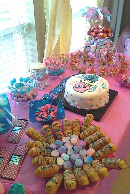 Have a grander theme behind your gender reveal party and have that surround the cake too. Desserts table for gender reveal party | Gender reveal party food, Gender reveal dessert, Gender ...