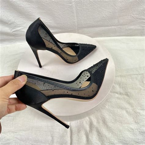 Doris Fanny Rhinestones Women Patchwork Black Satin Gauze Pointy Toe High Heel Party Shoes