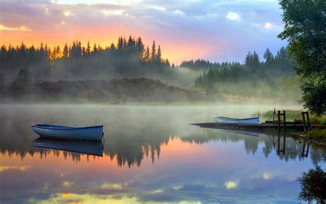 Nature Landscape Sunrise Mist Forest Lake Boat Clouds Calm