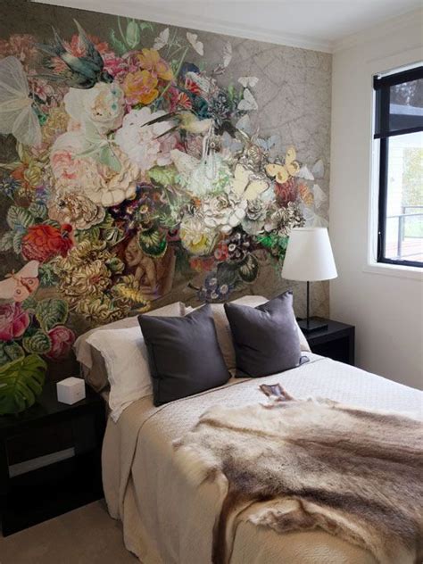 Small Bedroom Design Featuring A Dramatic Still Life Of Flowers Wall