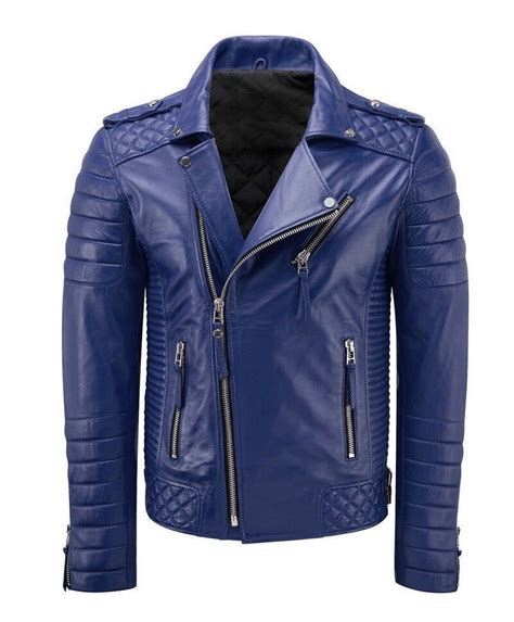 New Mens Genuine Lambskin Leather Jacket Blue Slim Fit Motorcycle Biker Jacket Eleganceleath