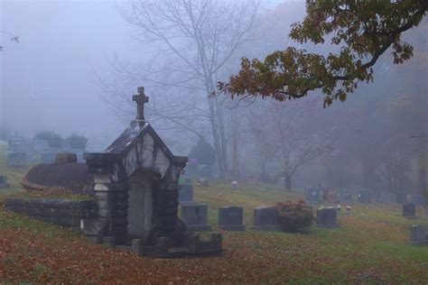 An Early Morning Stroll Through A Foggy Quiet Cemetery Oc