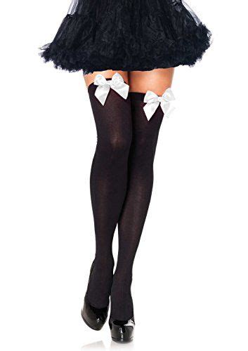 Leg Avenue Womens Opaque Thigh High Stockings With Satin Bow Whiteblack One Size Opaque