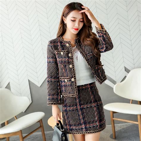 High Quality Tweed Jacket Coat Pencil Skirts Suit Winter Women Button