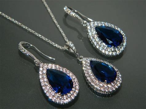 Navy Blue Cz Bridal Jewelry Set Royal Blue Earringsandnecklace Set Dark