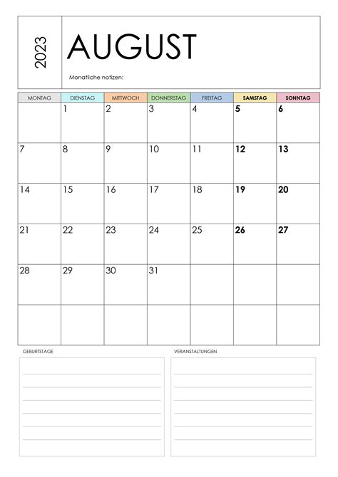 Kalender August 2023 Kalendersu