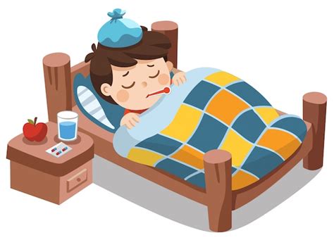 Premium Vector Sick Cute Boy Sleep In Bed With A Thermometer In Mouth