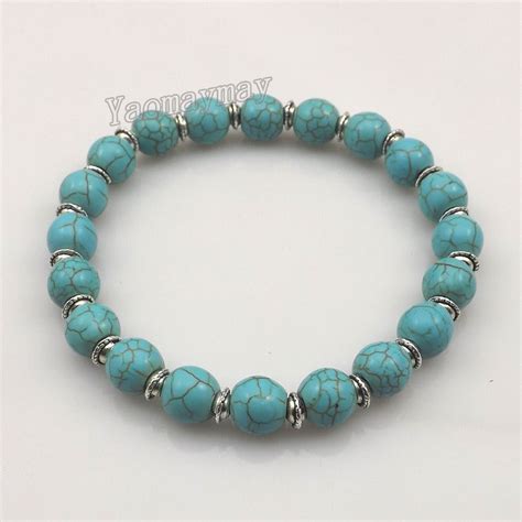 2020 Stretchy 8mm Turquoise Beaded Bracelets With Silver Color Spacer