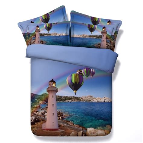 Shop wayfair for the best beach themed bedding sets. Nautical Themed Lighthouse Hot Air Balloon and Rainbow ...