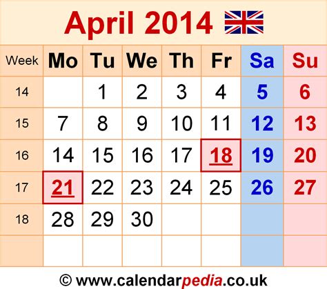 Calendar April 2014 Uk With Excel Word And Pdf Templates