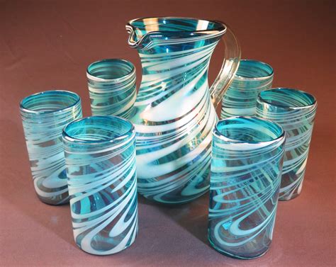 Mexican Glass Set Pera Pitcher With Six 18oz Tumblers Turquoise And White Swirl Hand Blown In