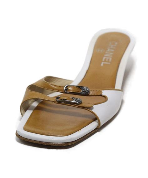 Chanel White Tan Leather Sandals Sz 365 Tan Leather Sandals