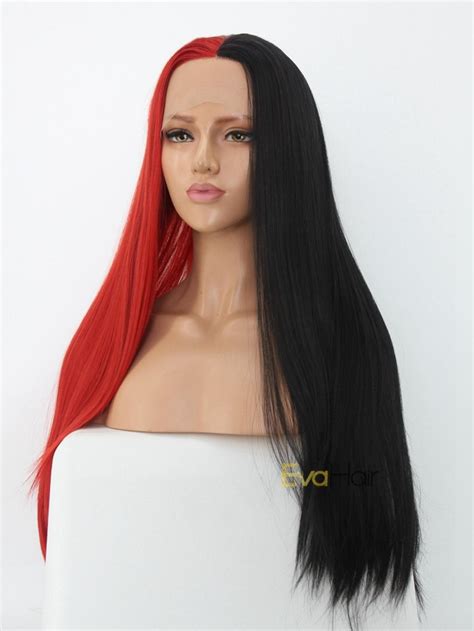 Half Black Half Red Synthetic Lace Front Wig All Synthetic Wigs Evahair