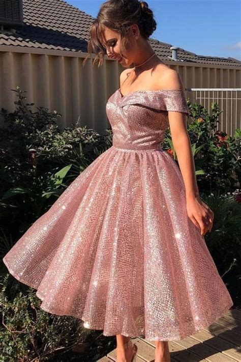 Shiny Off Shoulder Knee Length Rose Pink Prom Dresses Sparkly Pink