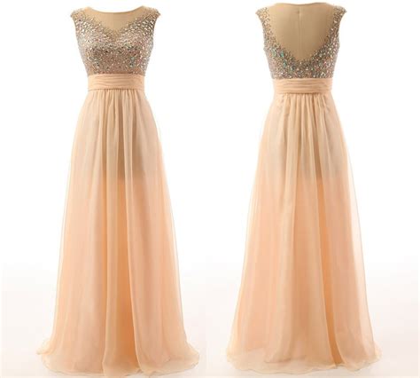 sexy champagne women s illusion bead chiffon long formal evening party prom gown champagne dress