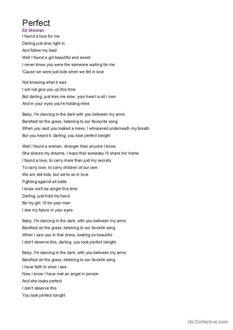 Lyrics Perfect By Ed Sheeran English Esl Worksheets Pdf And Doc