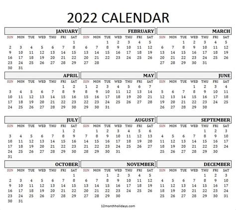 Printable 2022 Yearly Calendar Template Jan To Dec 2022 Calendars