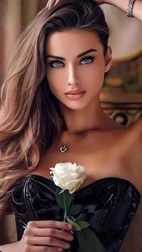 A Beautiful Woman With Long Hair Holding A White Rose