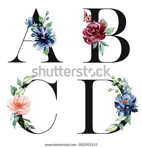 Alphabet Letters Set Watercolor Flowers Leaf Stock Illustration
