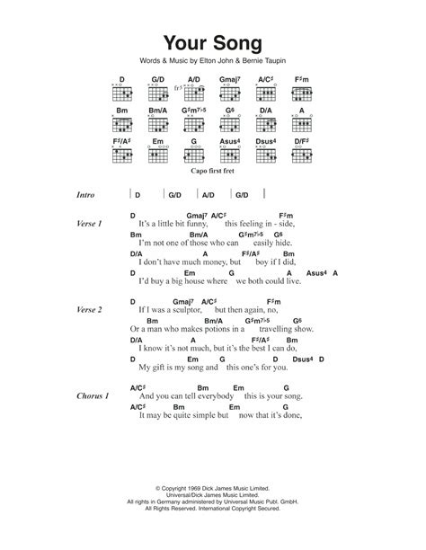 Your Song Sheet Music Elton John Guitar Chordslyrics