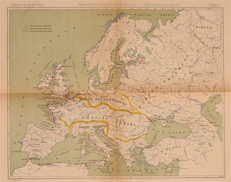 19th Century Map Of Europe Lithography Of Military Regions Of Europe